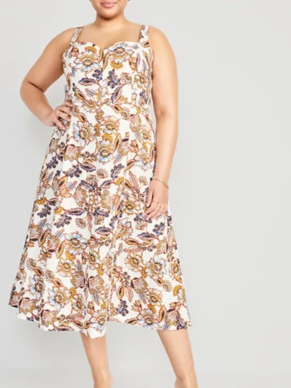 Old Navy Cream Midi Dress with Mustard and Blue Floral Print